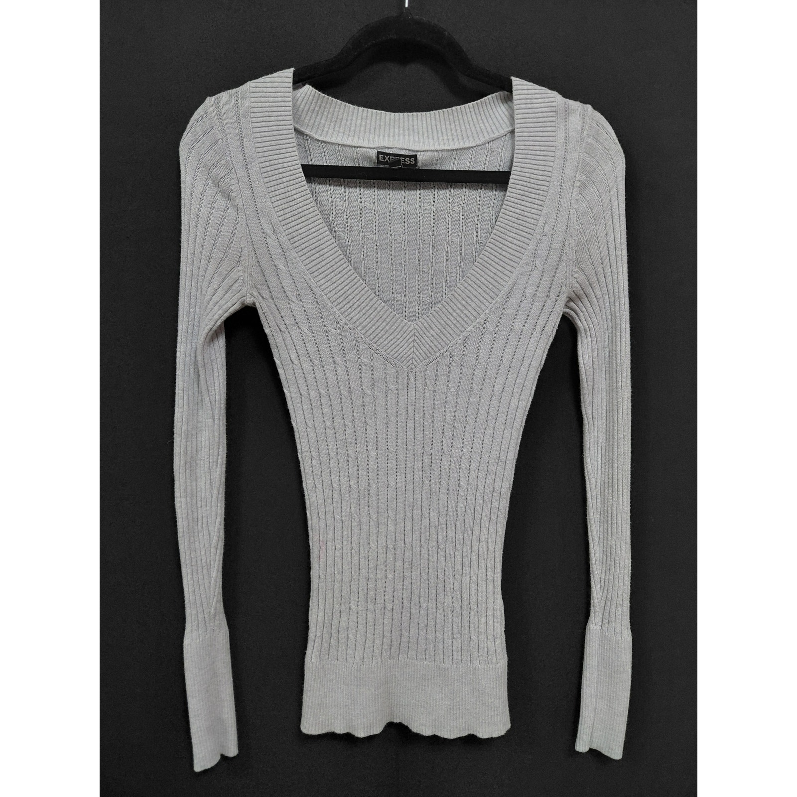 Express V-Neck Ribbed Knit Sweater Gray Solid Long Sleeve Women Size Xs